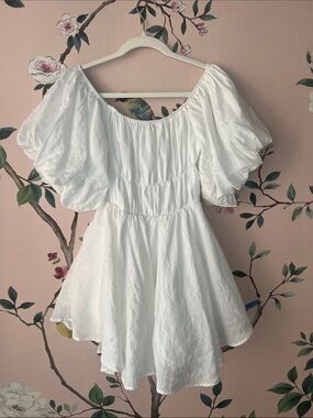 Altar'd State White Puff Sleeve Midi Dress with Elastic Waist